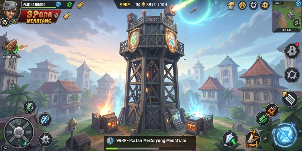 Screenshot gameplay 99RP menampilkan serangan menara dalam pertahanan yang seru.