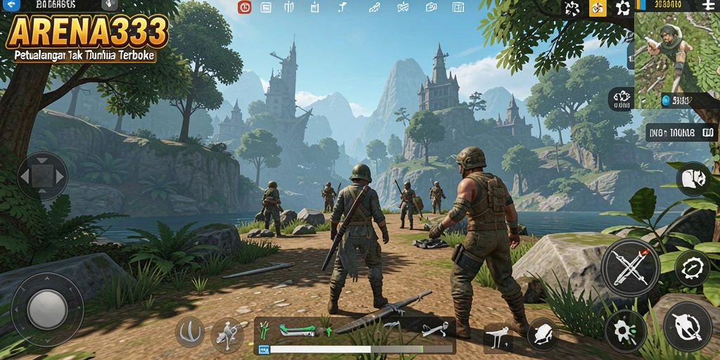 Tangkapan layar menarik dari gameplay ARENA333 yang menampilkan dunia terbuka.