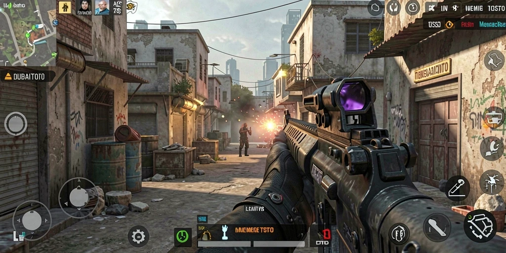 Tampilan gameplay mendebarkan di DUBAITOTO dengan aksi tembak-menembak.