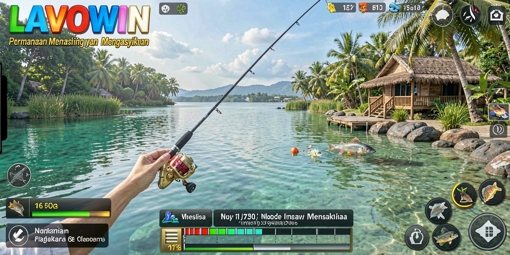 Tampilan gameplay LAVOWIN dengan aksi memancing yang seru.