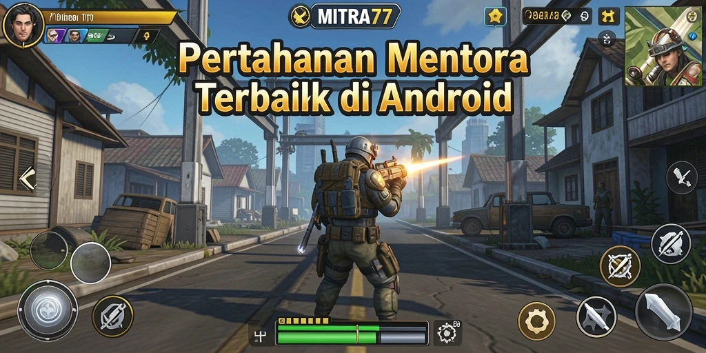 Screenshot gameplay MITRA77 menunjukkan menara yang beraksi melawan gelombang musuh.