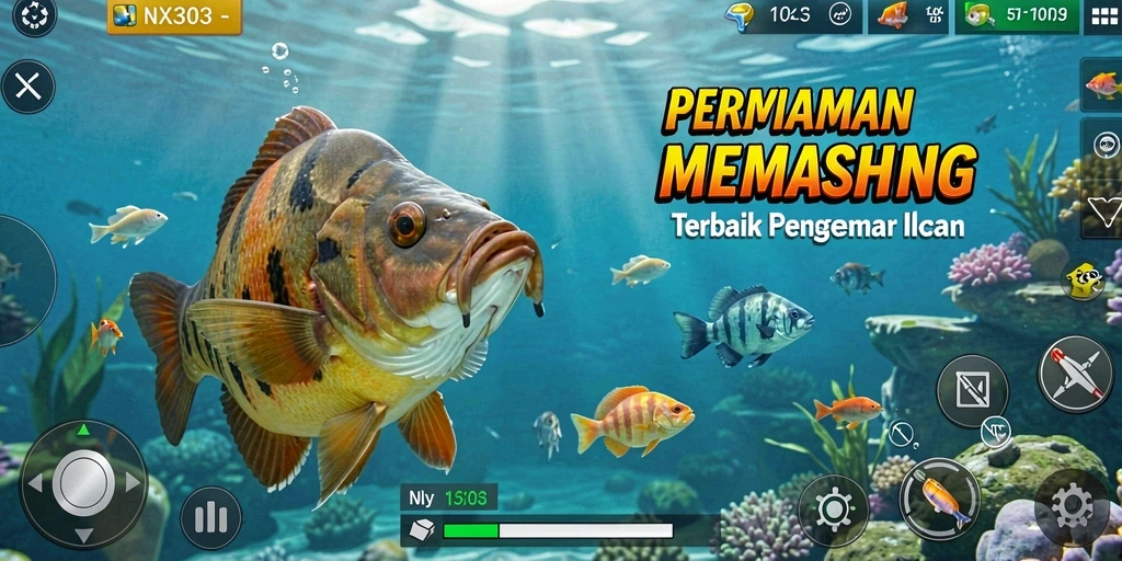 Screenshot NX303 menampilkan gameplay memancing yang mendebarkan dan penuh warna.