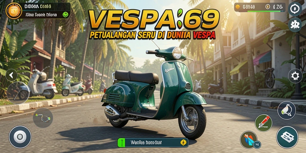 Screenshot VESPA69 menampilkan perjalanan seru dengan Vespa di berbagai lokasi.