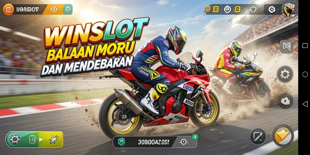 Tampilan gameplay seru WINSLOT saat balapan motor di lintasan.